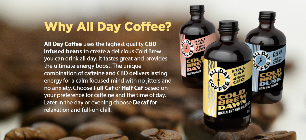 Three bottles of All Day Coffee on a pile of loose coffee beans