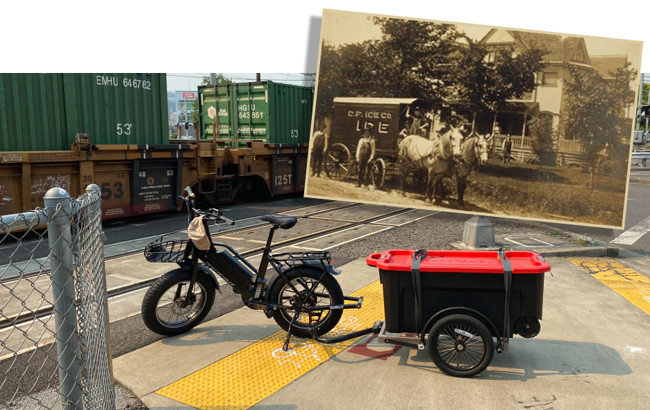 a bike loaded with cargo waitin on a passing train